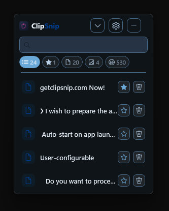 ClipSnip clipboard manager showing a searchable clip history with favorites and tags
